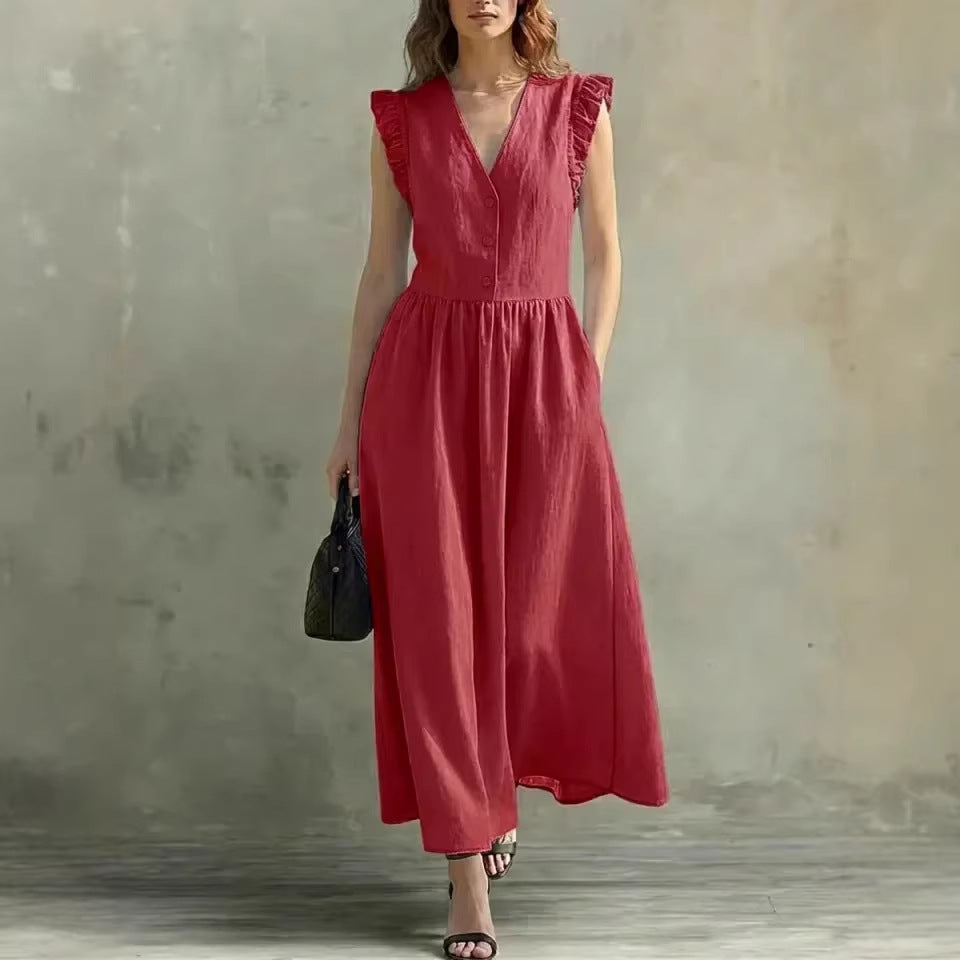 Hannah V-Neck Puff-Sleeve Dress with Pockets – Cotton Linen, 7 Colors
