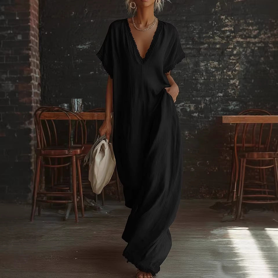 Sarah Lace-Trimmed Loose Linen Cotton Long Dress for Women