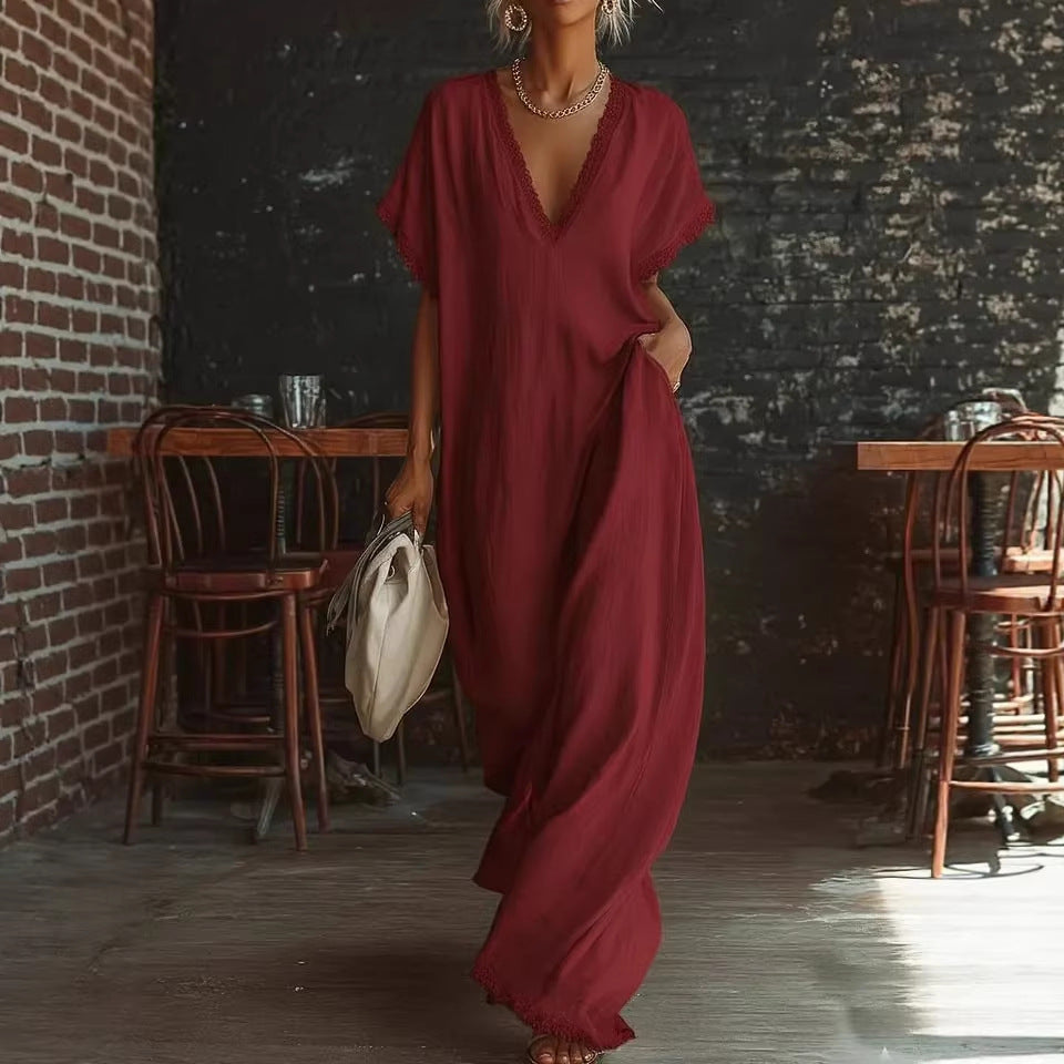 Sarah Lace-Trimmed Loose Linen Cotton Long Dress for Women