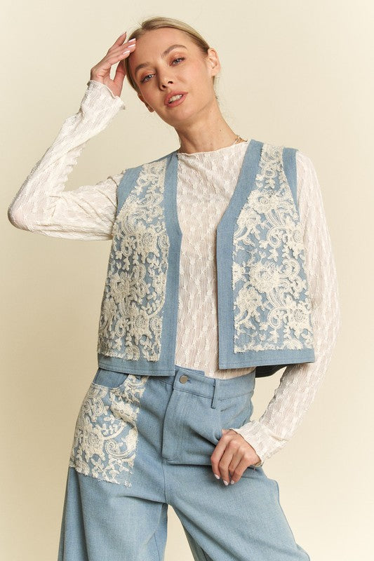 Dani Lace Patch Open Front Denim Vest