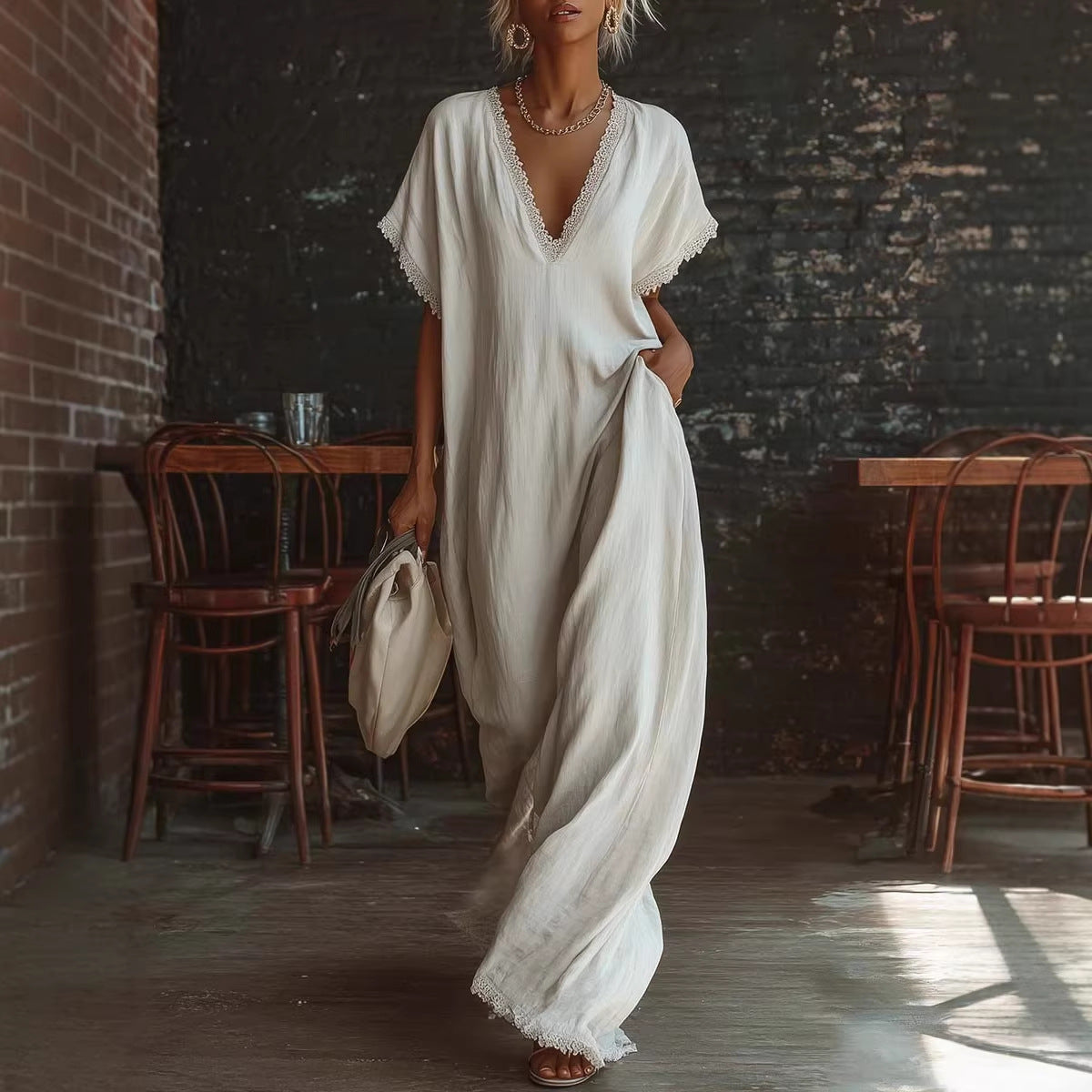 Sarah Lace-Trimmed Loose Linen Cotton Long Dress for Women