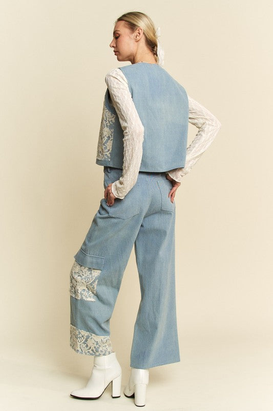 Dani Lace Patch Open Front Denim Vest