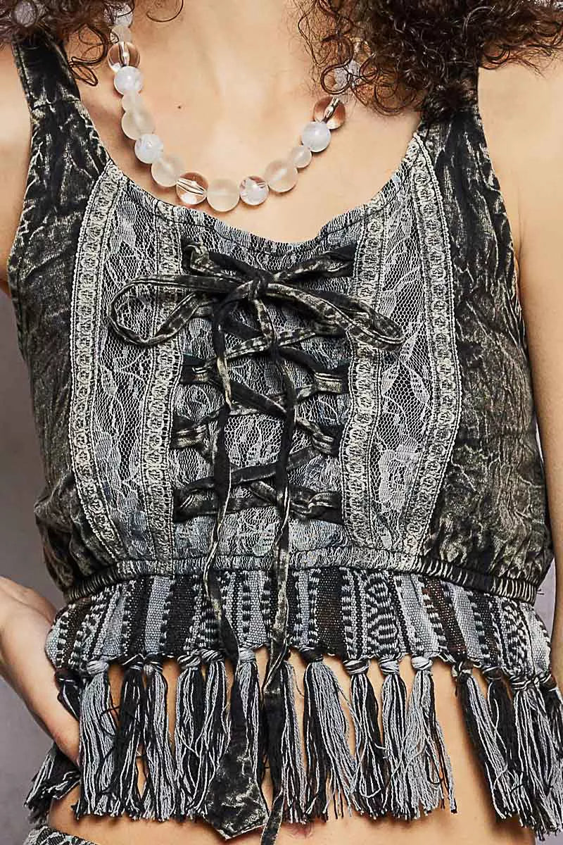 Ava Lace-Up Fringe Hem Tank with Lace Detail