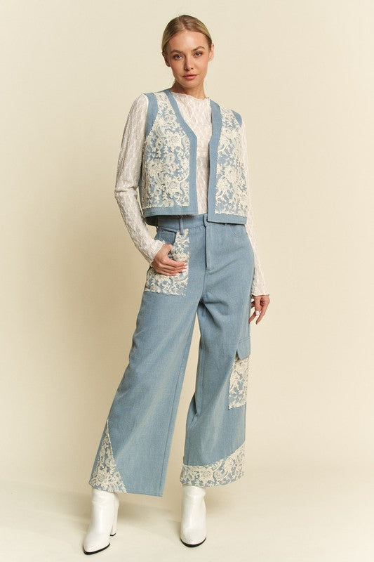 Dani Lace Patch Open Front Denim Vest