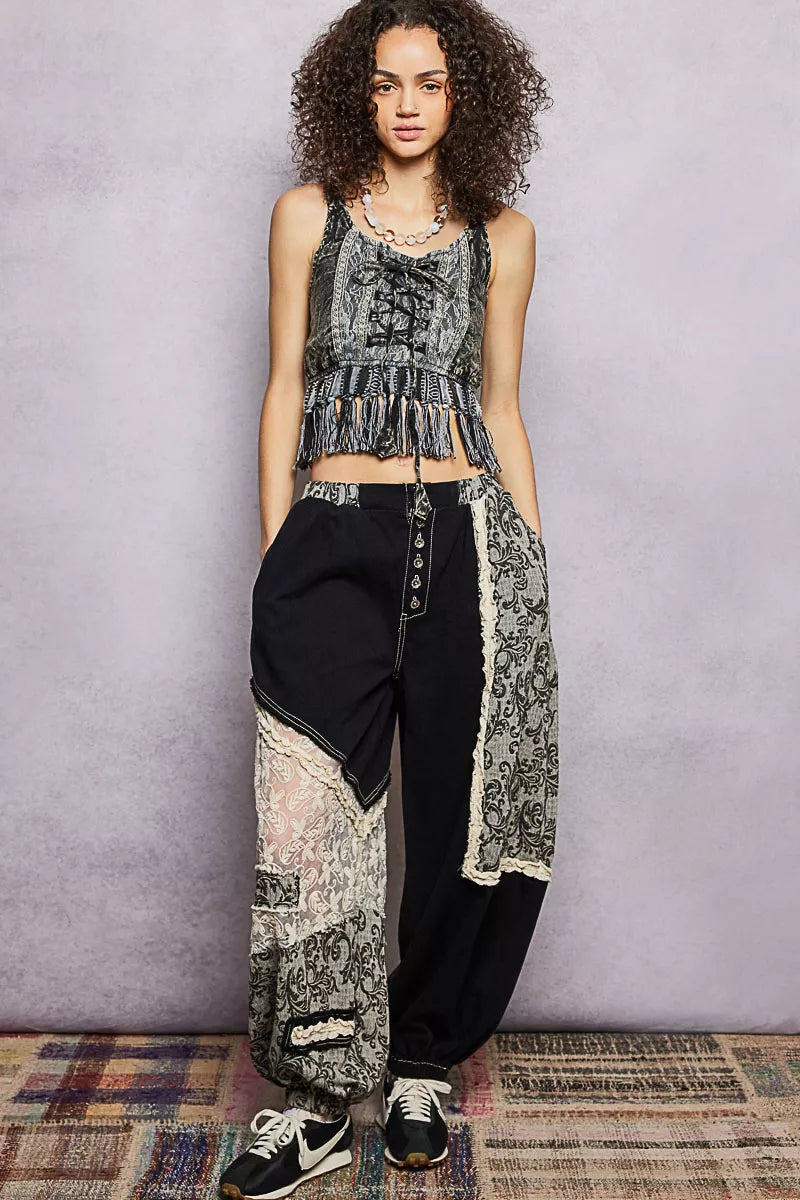 Ava Lace-Up Fringe Hem Tank with Lace Detail