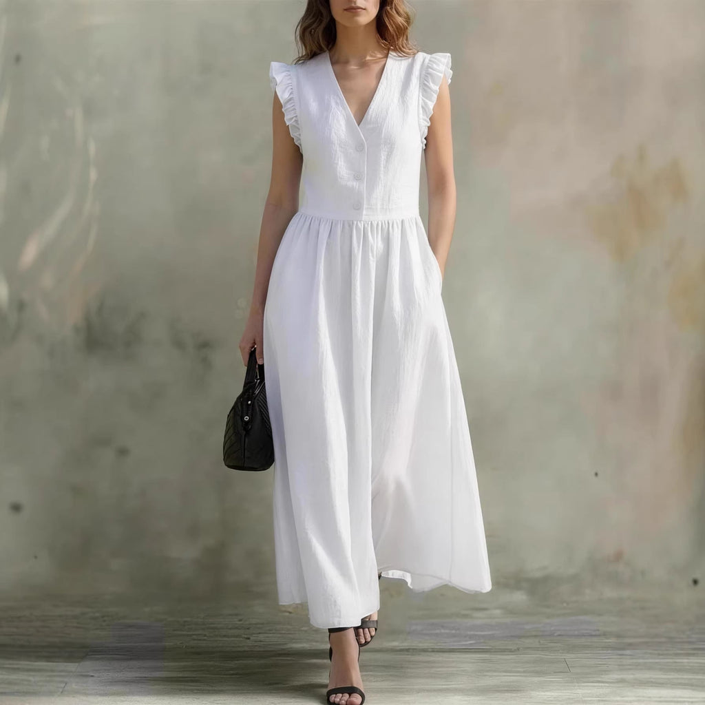Hannah V-Neck Puff-Sleeve Dress with Pockets – Cotton Linen, 7 Colors