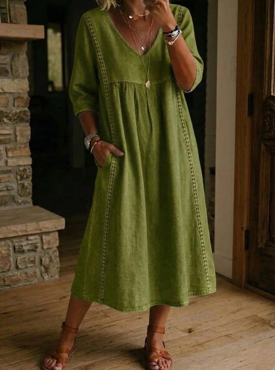 Maddy Linen Cotton V-Neck Dress – Lace Trim, Loose Fit, 7 Colors