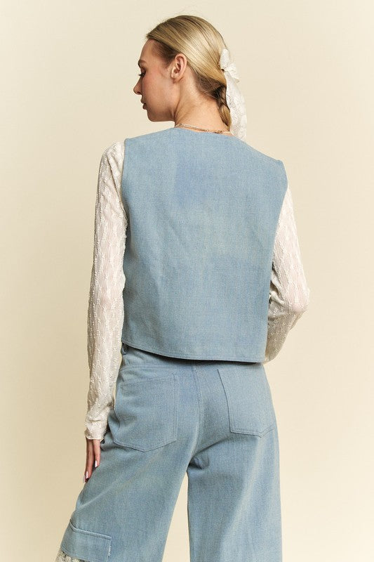Dani Lace Patch Open Front Denim Vest