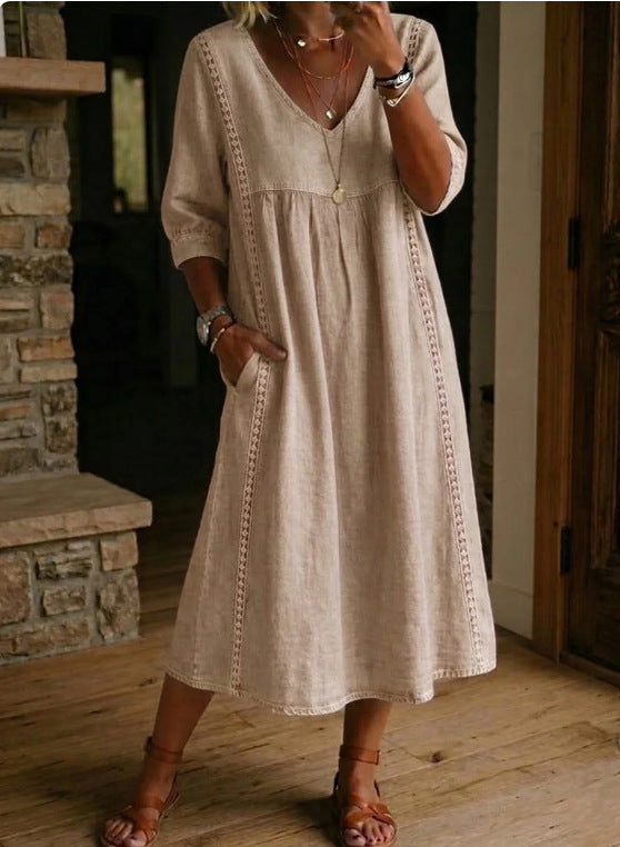 Maddy Linen Cotton V-Neck Dress – Lace Trim, Loose Fit, 7 Colors