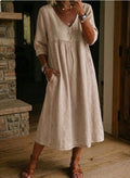 Maddy Linen Cotton V-Neck Dress – Lace Trim, Loose Fit, 7 Colors