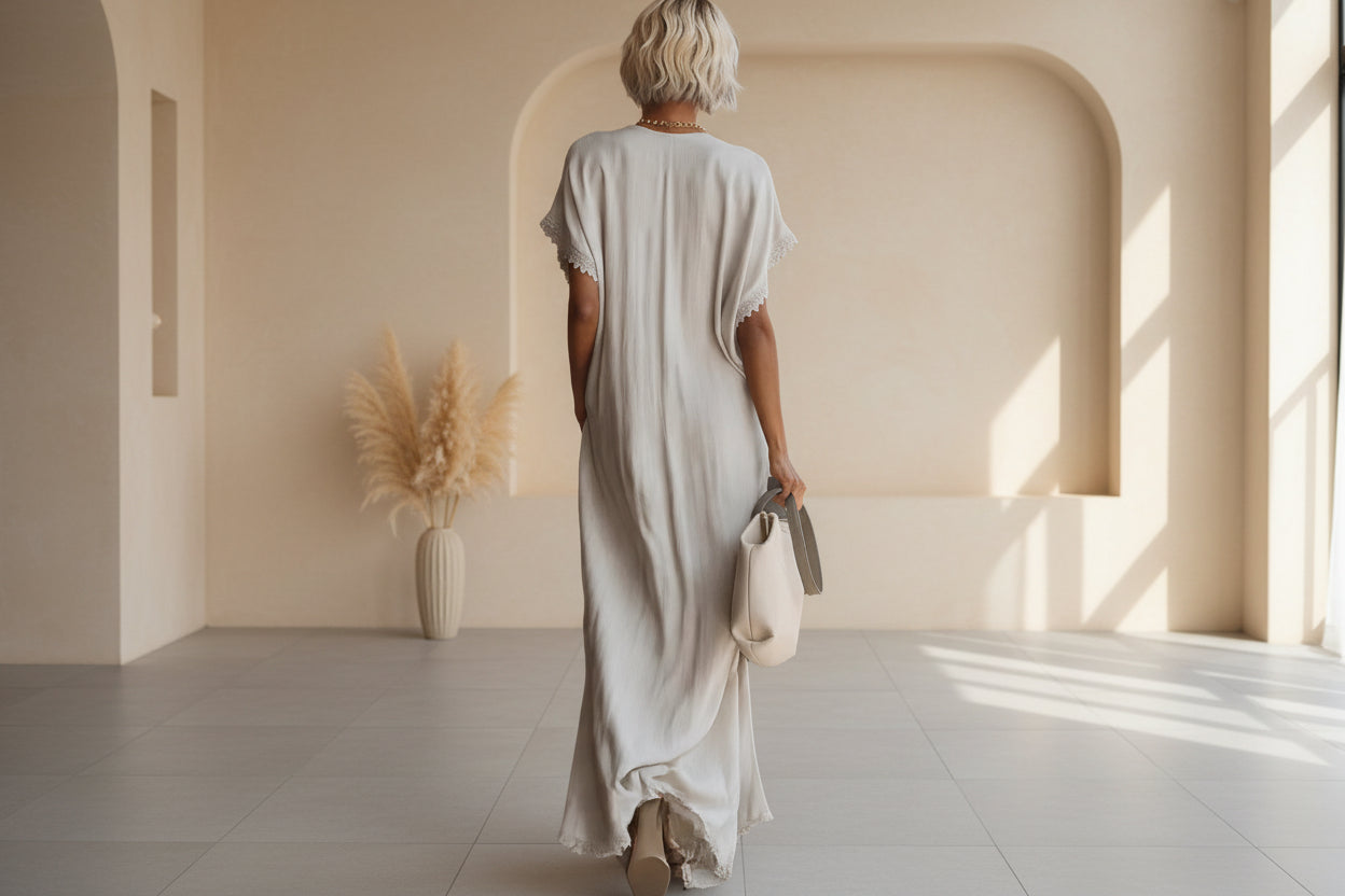 Sarah Lace-Trimmed Loose Linen Cotton Long Dress for Women