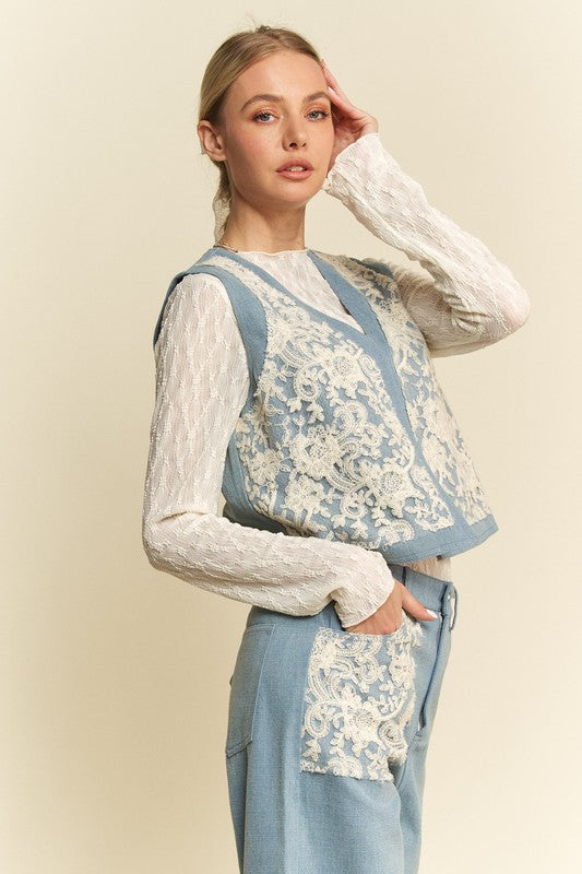 Dani Lace Patch Open Front Denim Vest