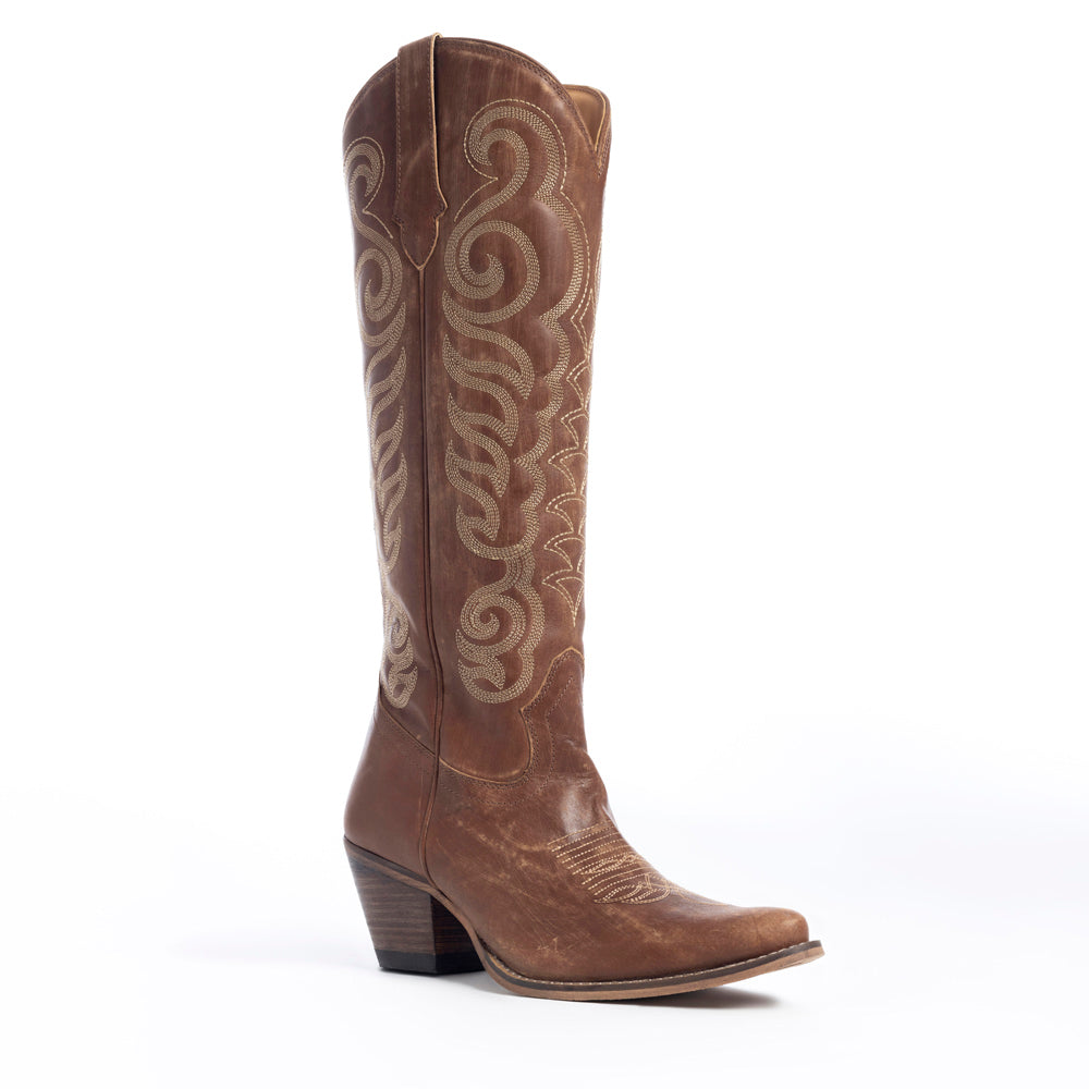 Billy Mocha Brown Leather Boots for Women - Embroidered Tall Western Heels with Pointed Toe for Festive Country Style