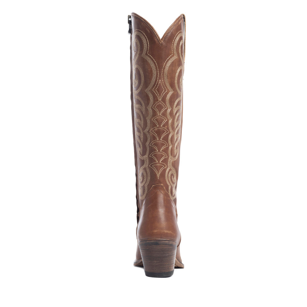 Billy Mocha Brown Leather Boots for Women - Embroidered Tall Western Heels with Pointed Toe for Festive Country Style