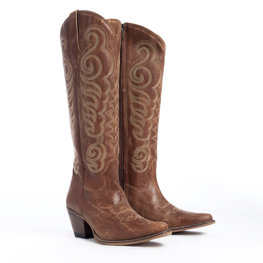Billy Mocha Brown Leather Boots for Women - Embroidered Tall Western Heels with Pointed Toe for Festive Country Style