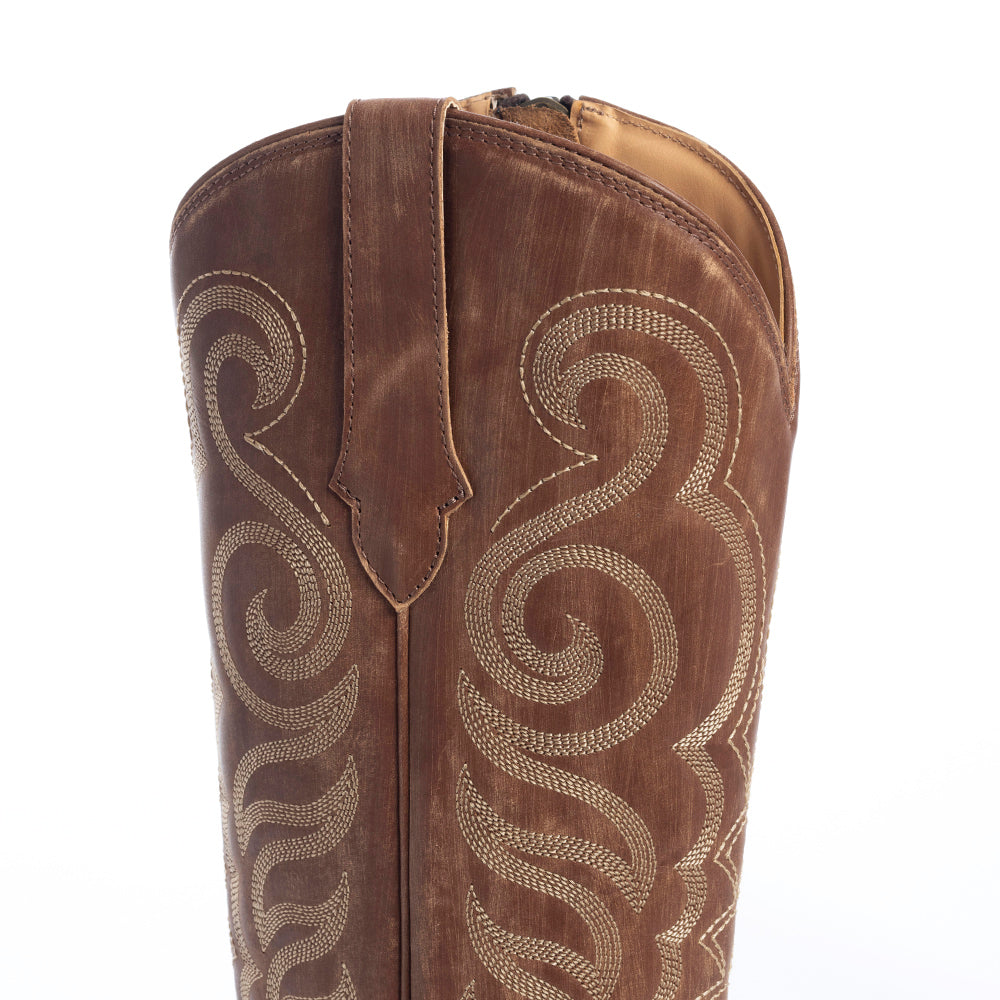 Billy Mocha Brown Leather Boots for Women - Embroidered Tall Western Heels with Pointed Toe for Festive Country Style