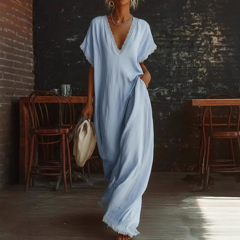 Sarah Lace-Trimmed Loose Linen Cotton Long Dress for Women