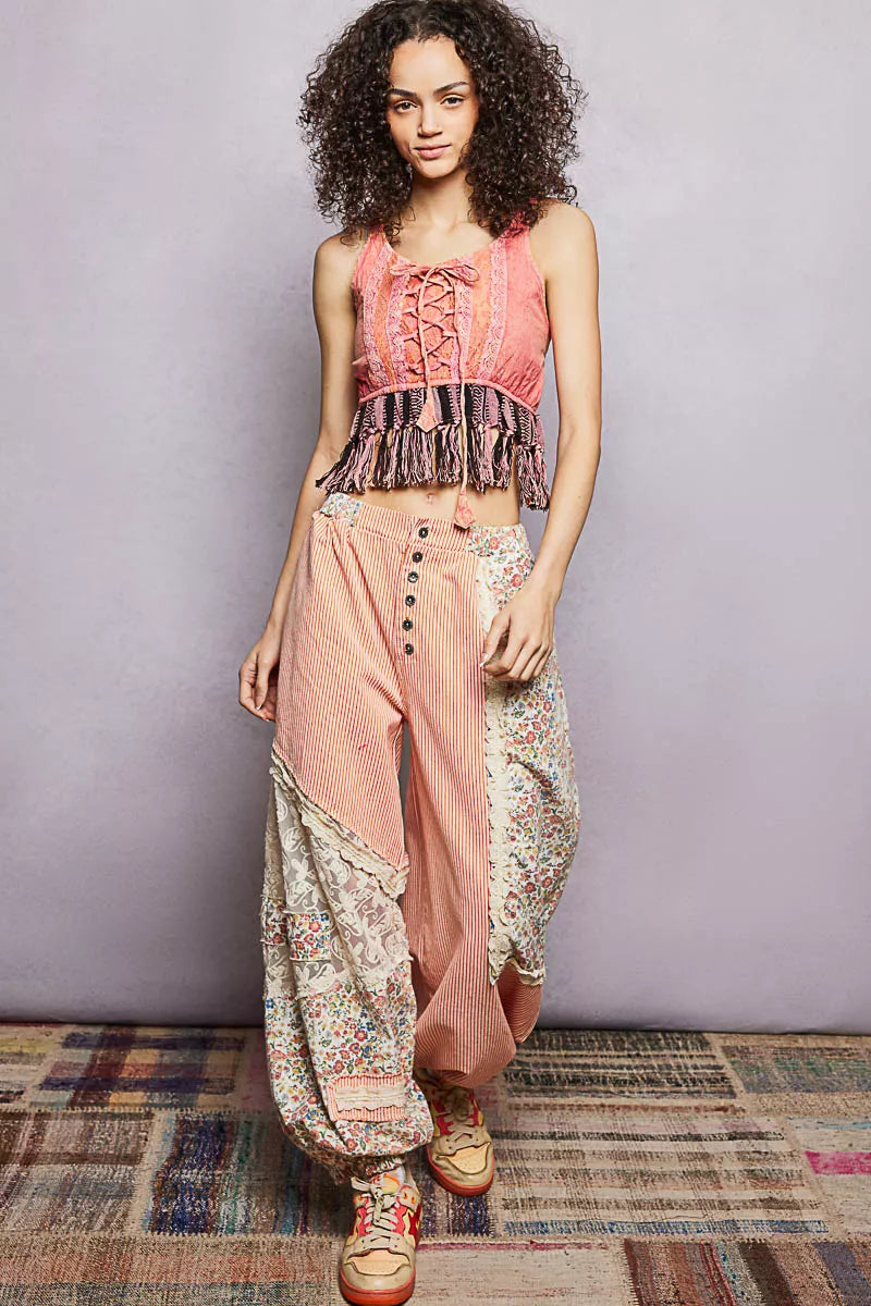 Cindy Lace-Up Fringe Hem Tank with Lace Detail