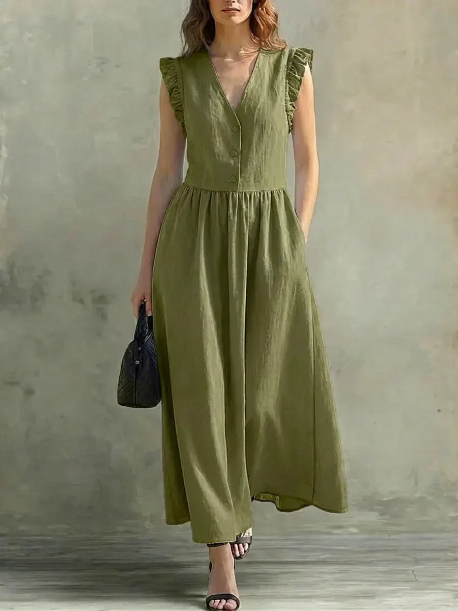 Hannah V-Neck Puff-Sleeve Dress with Pockets – Cotton Linen, 7 Colors