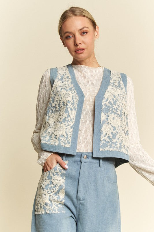 Dani Lace Patch Open Front Denim Vest