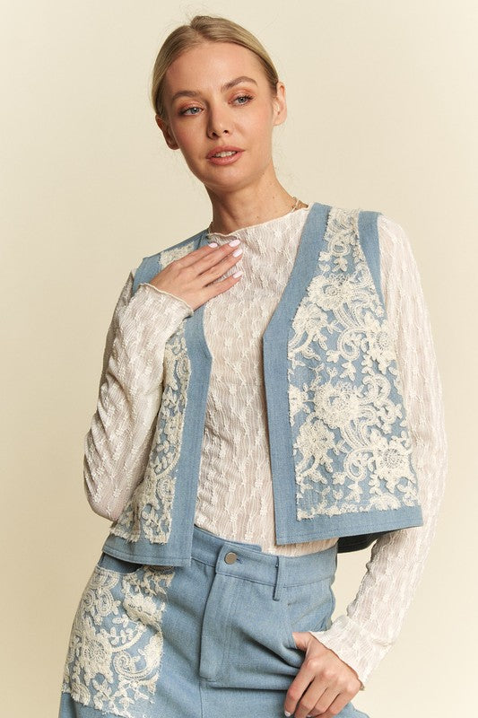 Dani Lace Patch Open Front Denim Vest