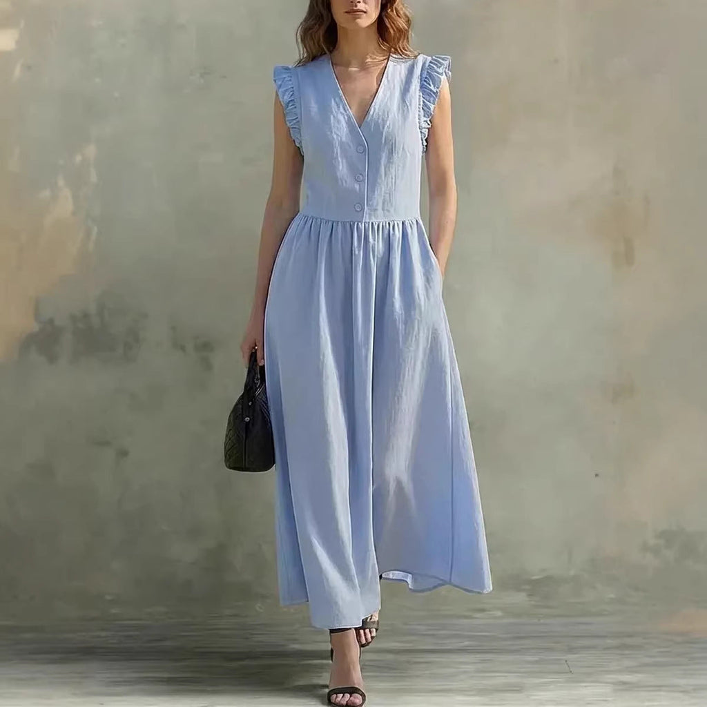 Hannah V-Neck Puff-Sleeve Dress with Pockets – Cotton Linen, 7 Colors