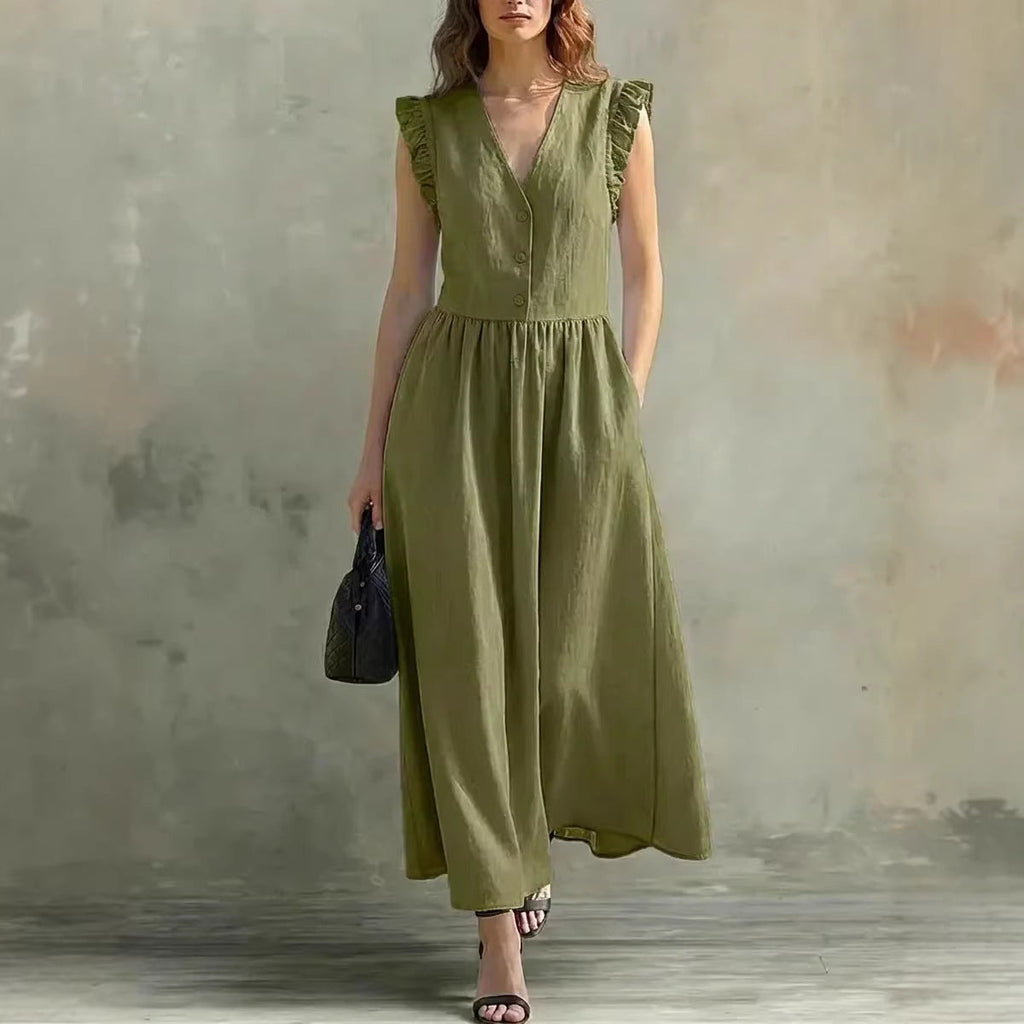 Hannah V-Neck Puff-Sleeve Dress with Pockets – Cotton Linen, 7 Colors