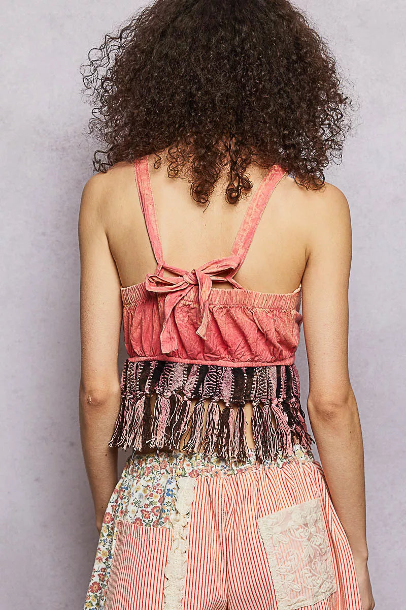 Cindy Lace-Up Fringe Hem Tank with Lace Detail
